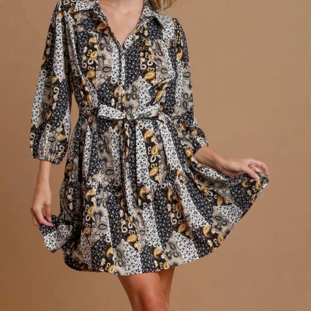Umgee Black and Gold Patterned Mini Dress